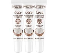 EVOLUDERM - Baume Lèvres Protecteur SPF 30 Coco - Lot de 3 x 15ml - Ingrédients d'Origine Naturelle