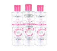 EVOLUDERM - Eau Micellaire Démaquillante Peaux Sèches & Sensibles - 250 ml - 93% d'Origine Naturelle - Végan - Fabrication Française - Lot de 3 x 250 ml