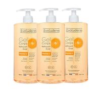 EVOLUDERM - Gel Corps Nettoyant Éclat Vitamine C - 1000 ml - 97% d’Origine Naturelle - Végan - Fabrication Française - Lot de 3 x 1000ml