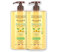 EVOLUDERM - Gel Douche Exaltant Monoï à la Folie - 1000 ml - 95% d'Origine Naturelle - Végan - Fabrication Française - Lot de 2 x 1000 ml
