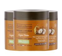 EVOLUDERM - Masque Cheveux Nourrissant Argan Divin - 500 ml - 99% d'Origine Naturelle - Végan - Fabrication Française - Lot de 3 x 500 ml
