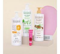 EVOLUDERM - Offre 3 Laits Corps + Baume à Lèvres + Gant Exfoliant Offert - Ingrédients d'Origine Naturelle - Végan