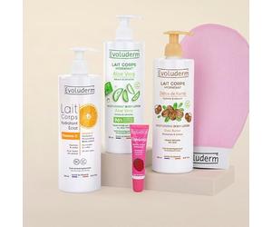 EVOLUDERM - Offre 3 Laits Corps + Baume à Lèvres + Gant Exfoliant Offert - Ingrédients d'Origine Naturelle - Végan