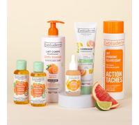 EVOLUDERM - Routine Éclat 6 produits Visage & Corps - 1 Lait + 2 Huiles + 1 Sérum Vitamine C + 1 Gommage Agrumes + 1 Lait Éclaircissant + Gant Exfoliant Offert - idée Cadeau - Fabrication Française