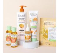 EVOLUDERM - Routine Éclat 6 Visage & Corps - 1 Lait + 2 Huiles + 1 Sérum Vitamine C + 1 Gommage carotte + 1 Masque tissu Vitamine C + Gant Exfoliant Offert - idée Cadeau - Fabrication Française