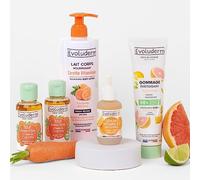 EVOLUDERM - Routine Éclat Visage & Corps - 1 Lait Corps Carotte + 2 Huiles de Carotte + 1 Sérum Vitamine C + 1 Gommage visage Agrumes + Gant Exfoliant Offert - Idée Cadeau - Fabrication Française