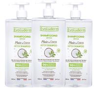 EVOLUDERM - Shampoing Détox Pluie de Coco - 1000 ml - 96% d'Origine Naturelle - Végan - Lot de 3 x 1000 ml