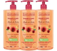 EVOLUDERM - Shampoing Fortifiant Huile de Ricin - 1000ml - 96% d'Ingrédients d'Origine Naturelle - Lot de 3 x 1000ml