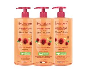 EVOLUDERM - Shampoing Fortifiant Huile de Ricin - 1000ml - 96% d'Ingrédients d'Origine Naturelle - Lot de 3 x 1000ml
