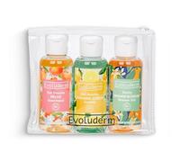 EVOLUDERM - Trousse Gels Douche - Gel Douche Pêche 100 ml + Aloe Vera 100 ml + Fleur D’Oranger 100ml - 96% d’Ingrédients d’Origine Naturelle - Végan - Fabrication Française