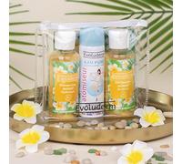 EVOLUDERM - Trousse Voyage Fraicheur Monoï - 1x Gel Douche Monoï Exaltant 100 ml + 1x Shampoing Monoï Hydratant 100 ml + 1x Atomiseur Eau Pure 50 ml - Fabrication Française