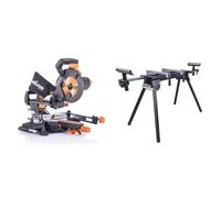 Evolution Power Tools - Scie à Onglets Coulissante Multi-Matériaux R210SMS+ avec le Pack Plus, 210 mm (230 V) & Power Tools - Support pour Scie à Onglet avec Extensions