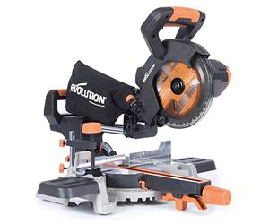 Evolution R185CMS-Li Scie à onglets composés sans fil pour la coupe multi-matériaux, biseau 45°, onglet 45°, 850W. Comprend une batterie et un chargeur de 4 Ah et une lame TCT de 185 mm