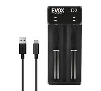 Evox Energy Chargeur Accus USB-C - Double Slot pour Piles Rechargeables Li-ION - Compatible 18650, 18490, 18350, 18500, 17500, 14500, 20700, 21700, 26650 - Charge Rapide avec Sécurité Intelligente