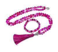 EVSER 8mm Rose Rouge Rayé Agate Mala Collier 108 Japamala Perlé Noué Méditation Yoga Vie Spirituelle Arbre Femme Bijoux Ensembles (Color : Set)
