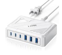 Evsiuu Station de charge USB 120 W avec 6 ports (3 USB-C PD et 3 USB-A QC), blanc
