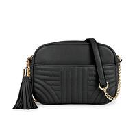 EVVE Sac à bandoulière matelassé pour femme - Élégant sac d'appareil photo avec pompon - Sac à main léger de taille moyenne, noir, Taille unique