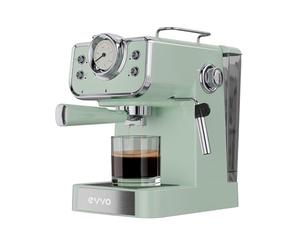 EVVO Cafetière express intense rétro, 15 bars, finition vintage, corps en acier, espressos et cappuccinos, 950 W, double sortie, porte-filtres, réservoir de 1,5 l, chauffage rapide (couleur : vert eau