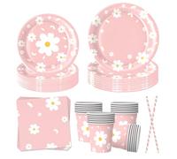 EVYIENEN Lot de 50 assiettes de fête en forme de marguerites blanches, serviettes, pailles en papier, accessoires de fête d'anniversaire pour 10 invités (marguerites)