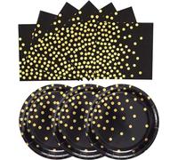 EVYIENEN Lot de 50 assiettes et serviettes en carton noir et doré, 25 x 17,8 cm, assiettes à dessert 25 x 16,5 cm, serviettes de fête, jetables