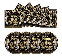 EVYIENEN Lot de 50 assiettes et serviettes en carton pour anniversaire du 60e anniversaire - Noir et doré - Décoration de table pour pique-nique