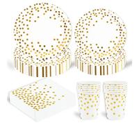 EVYIENEN Lot de 96 assiettes pour fête d'anniversaire, blanc et or, gobelets, serviettes, assiettes en carton, pour filles, décoration de table pour enfants, 24 invités (Blanc et or)