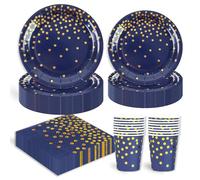 EVYIENEN Lot de 96 assiettes pour fête d'anniversaire, blanc et or, gobelets, serviettes, assiettes en carton, pour filles, décoration de table pour enfants, 24 invités (Bleu et or)