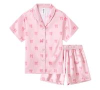 Ewbob Ensemble de Pyjama à Manches Courtes Girls, Pyjama en Satin, Manches Courtes et Shorts pour Les Enfants comme Cadeau ou Surprise-C9-001-Pink Bow5-6 Ans