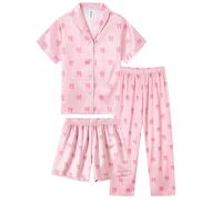 Ewbob Fille Manches Longues Pyjama Satin Pyjama,Manches Courtes Shorts et Pantalons Longs pour Un Cadeau de Noël ou Une Surprise-C16-006-Pink-3pcs-5-6ans