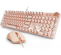 EWEADN Ensemble clavier et souris de machine à écrire filaire, clavier mécanique de style machine à écrire, 104 touches rétroéclairées, bouton de contrôle multimédia, clavier filaire rose pour Windows