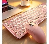EWEADN Ensemble clavier et souris sans fil, clavier de machine à écrire rétroéclairé blanc avec touches rétro, Bluetooth/2,4 G/filaire, interrupteur bleu, rechargeable, ensemble esthétique pour Mac