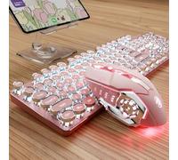 EWEADN TK950 Ensemble clavier mécanique et souris rétro pour machine à écrire, 104 touches sans fil Bluetooth/2,4 G/clavier de jeu filaire, rétroéclairage blanc, interrupteur bleu clic, touches rondes