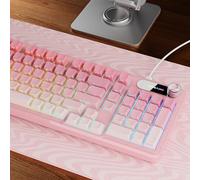 EWEADN V102 Clavier filaire, clavier de jeu crémeux 98 touches avec pavé numérique, écran d'affichage et bouton multimédia RVB silencieux pour ordinateur portable, PC gamer, rose dégradé