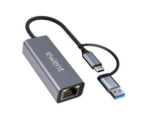 Ewent Adaptateur Ethernet USB-C vers RJ45 Gigabit 1000 Mbps, USB-C et USB-A, câble 15 cm, boîtier en Aluminium Compact, Plug&Play pour PC, Ordinateur Portable et Tablette,Windows,macOS,Linux,ChromeOS