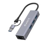 Ewent Hub USB 4-en-1 – Double connecteur USB-C/USB-A, 3x USB-A 3.2 Gen1 + Ethernet Gigabit (15 cm)