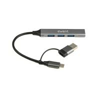 Ewent Hub USB-C EW1154 - 4 USB-A (1x USB 3.2 Gen1 5Gbps, 3x USB 2.0) Aluminium Gris, câble 15cm