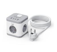 Ewent USB Cube 7-in-1 Multiprise, 3 Prises Schuko, 2 USB-C et 2 Prises USB, Bloc Multiprise 3680W 16A avec Interrupteur, Cable 1,5m pour Maison, Bureau, pour appareils électroménagers - Blanc/Gris