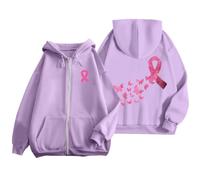 EWFAS Sweat Octobre Rose Cancer du Sein Pull Court Chaud de Sport Décontracté en Polaire avec Cordon Serrage et Fermeture éclair Mensuelle la Prévention des Femmes Plaid Sweat Capuche pour Femme