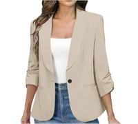 Ewleguzka Blazer à manches 3/4 ouvert sur le devant pour femme - Veste de travail décontractée avec poches - Blazer en sergé pour bureau et mariage - 36-48, beige, M