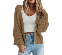 Ewleguzka Cardigan court tricoté à manches courtes boutonné en tricot côtelé pour femme Y2k, X19 Marron, S