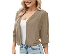 Ewleguzka Cardigan ouvert sur le devant à manches 3/4 drapé à volants en tricot doux Tailles S à XXL, X06 Kaki, XXL