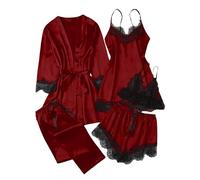 Ewleguzka Ensemble de pyjama 5 pièces pour femme en satin de soie, kimono robe kimono en dentelle florale, manches courtes, chemise boutonnée, caraco et short, 02- Vin, 3XL