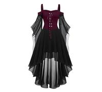 Ewleguzka Femmes Robe d'Halloween Sorcière Renaissance Médiévale Costume Vampire Robe Gothique à Volants Manches Longues en Maille Haute-Basse, L
