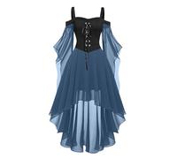 Ewleguzka Femmes Robe d'Halloween Sorcière Renaissance Médiévale Costume Vampire Robe Gothique à Volants Manches Longues en Maille Haute-Basse, S