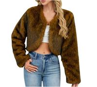 Ewleguzka Manteau en fausse fourrure blanche pour femmes, boléro court, cardigan veste d'extérieur à poils longs, parka, grande taille, décontracté, solide et moelleux, F16 - Marron, XS