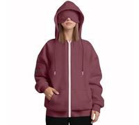 Ewleguzka Sweat à capuche de voyage avec masque pour les yeux - Fermeture éclair intégrale - Veste surdimensionnée doublée en polaire - 3 poches, bordeaux, M