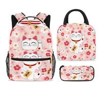 ewndhtse Ensemble sac à dos d'école, 3 pièces avec sac à déjeuner et trousse à crayons, sac à dos de voyage décontracté pour adolescents, filles, garçons, primaire junior, moyen - Chat Maneki Neko et