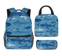 ewndhtse Ensemble sac à dos d'école avec sac à déjeuner et trousse à crayons, 3 pièces pour l'école, le voyage, le primaire, le milieu et les requins