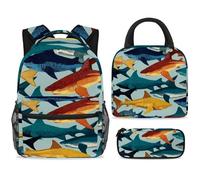 ewndhtse Ensemble sac à dos d'école avec sac à déjeuner et trousse à crayons, 3 pièces pour l'école, le voyage, le primaire, le milieu et les requins