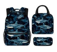 ewndhtse Ensemble sac à dos d'école avec sac à déjeuner et trousse à crayons, 3 pièces pour l'école, le voyage, le primaire, le milieu et les requins étoilés